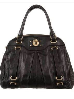 Marc Jacobs Classic Black Leather Satchel Handbag with Gold Hardware